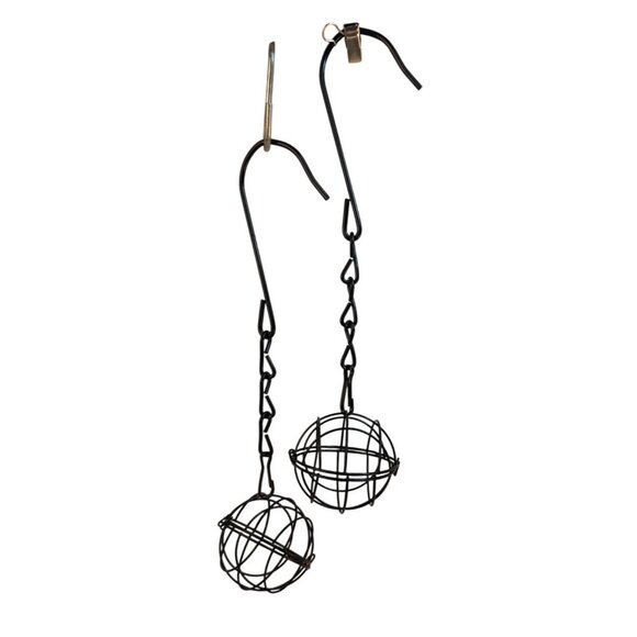 Black Metal Hanging Sphere Plant Holders Bird Feeders With Hook Design Set of 2, - Picture 1 of 9